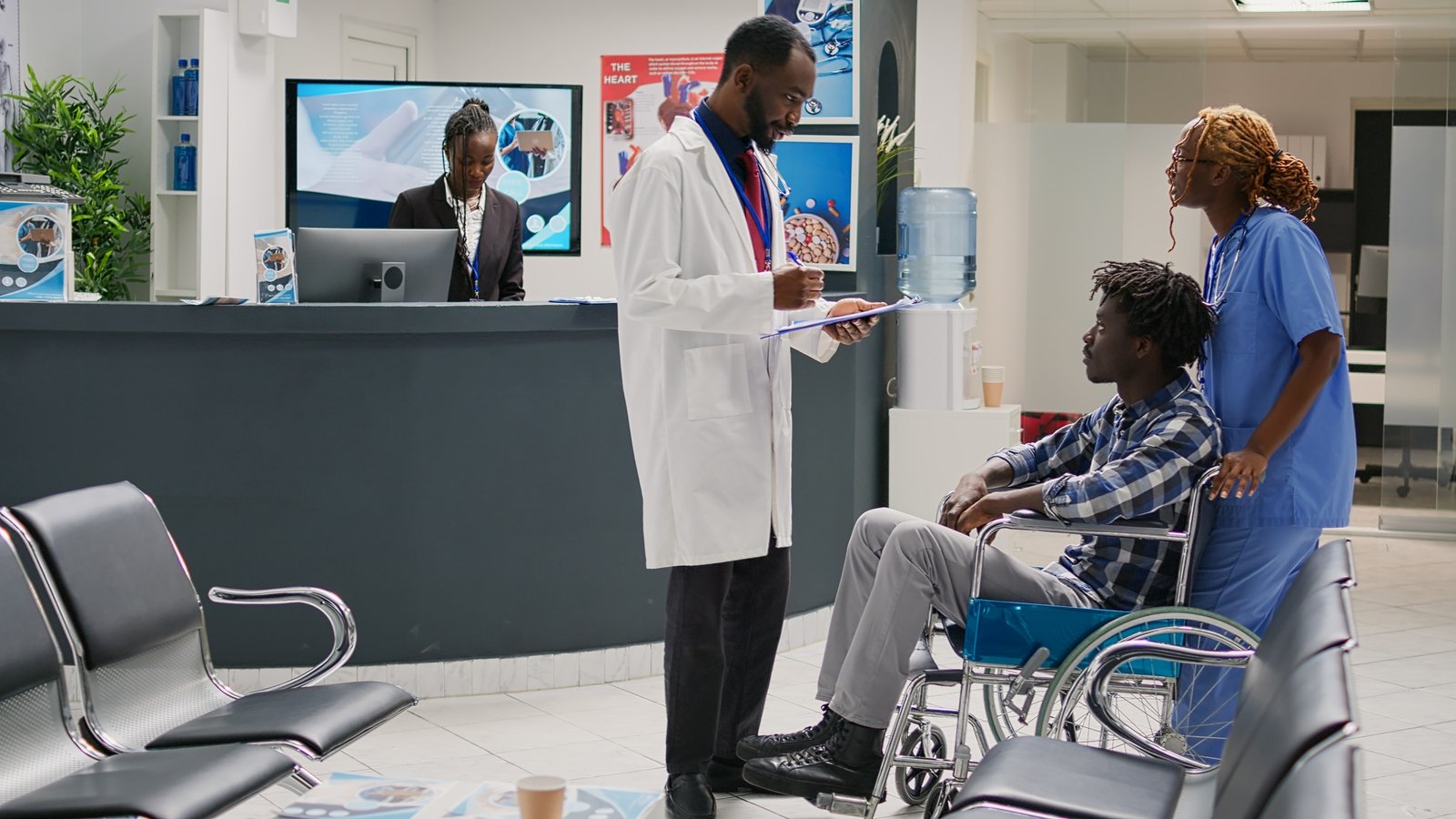 Nurse helping african american patient with disability